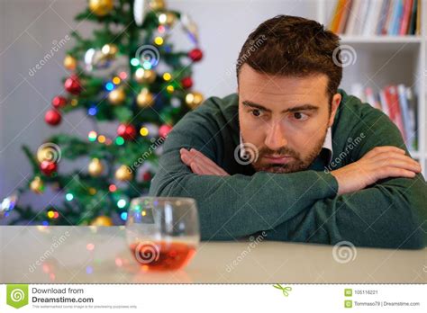 Lonely Man Celebrating Christmas And Drinking Alone Stock Image Image