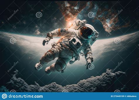 Artistic Astronaut Floating In Zero Gravity With View Of Distant