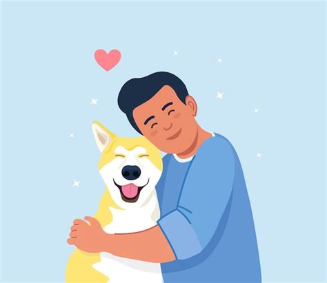 Premium Vector Man Hug Dog Young Guy Hugging Puppy With Love