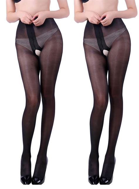 Buy E Laurels Women S Sheer Crotchless Pantyhose Open Crotch High Waist Tights Sexy Shiny Silk