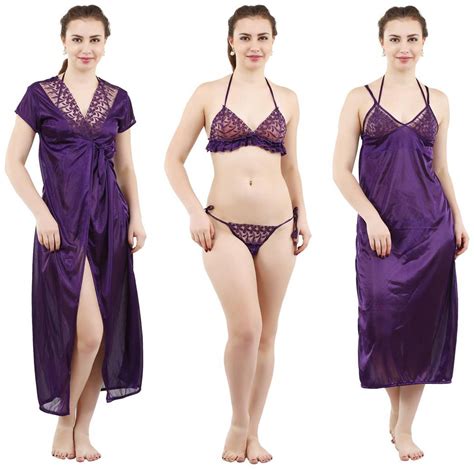 Buy Romaisa Womens Satin Nightwear Set Of 4 Pcs Nighty Wrap Gown Bra And Thong Online At Low