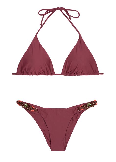 Burgundy Triangle Bikini Fixed Bottom With Accessories Long Halter