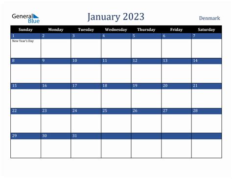 January 2023 Monthly Calendar With Denmark Holidays