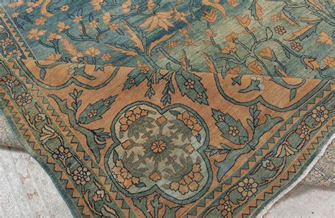 Antique Persian Kirman Green Caramel And Cream Handwoven Wool Carpet