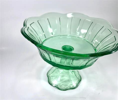 vintage light green glass pedestal fruit bowl scalloped edge etsy