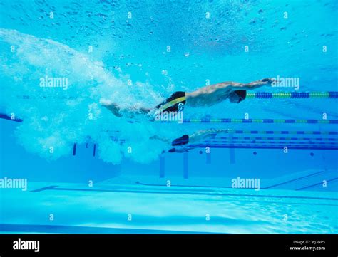Underwater Shot Of Three Male Athletes Racing In Swimming Pool Stock