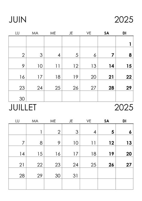 Calendrier Juin Juillet 2025 Calendriersu