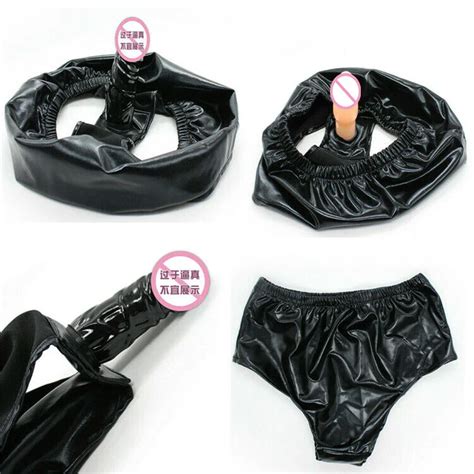 Patent Leather Chastity Panties With Butt Anal Plug Vagina Dildo Briefs