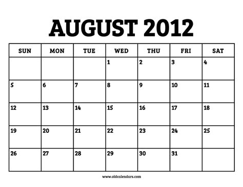 Calendar August 2012 Printable Old Calendars