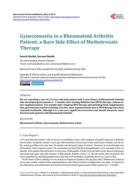 Pdf Gynecomastia In A Rheumatoid Arthritis Patient A Rare Side