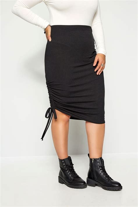 Black Ribbed Ruched Midi Skirt Yours Clothing