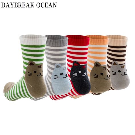 5 Pairs Funny Cute Cartoon Cat Women Socks Cotton Soft Comfortable Autumn Winter Strped Socks