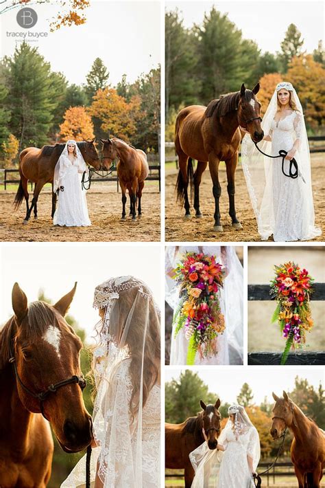 Equestrian Themed Wedding Bride With Horse At Fall Wedding Tracey