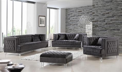 Grey Velvet Fabric Sofa Set Wottoman 4pcs Modern Meridian Furniture