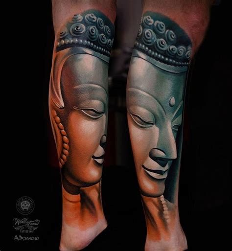 Illustrative Style Colored Leg Tattoo Of Buddha Statue Tattooimages Biz