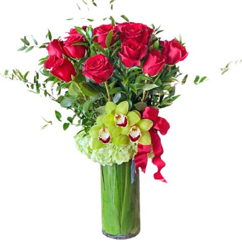 Long Stem Premium Red Rose Arrangement With Orchids And Hydrangea By