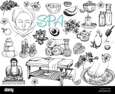 Big Set Of Hand Drawn Sketch Style Day Spa Themed Objects Isolated On