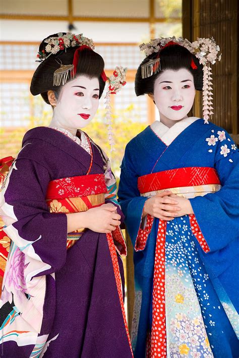 Asia Japan Honshu Kansai Region Kyoto Portrait Of Two Maiko