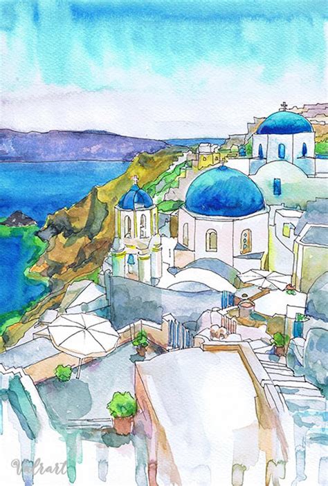 Santorini Print Greece Painting Watercolor Landscape Master Etsy In