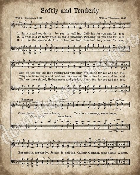 Softly And Tenderly Printable Vintage Sheet Music Instant Download