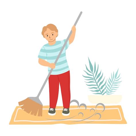 Premium Vector Cute Boy Sweeping Floor With Broom Helping Parents