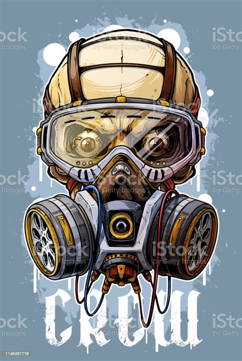 Detailed Colorful Human Skull With Gas Mask Stock Illustration