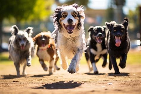 Premium Ai Image A Group Of Dogs Running In A Line With One Being The