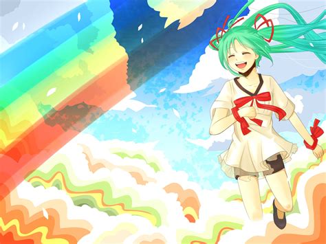 Bow Clouds Dribble Green Hair Hatsune Miku Rainbow Ribbons Sky