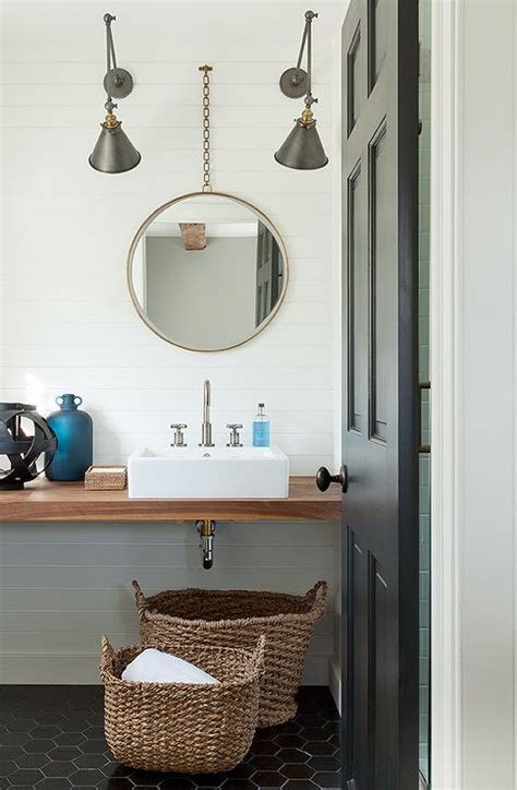 {this post contains affiliate links, see full disclosure here.} Modern Cottage Bathroom with Large Black Hex Tile Floor ...