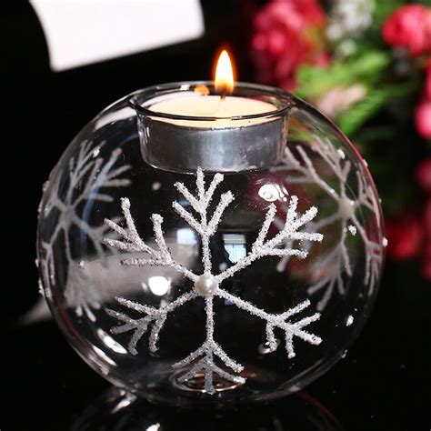 Christmas Glass Candle Holders With White Snowflake Tealight Holder