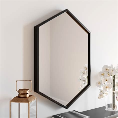 Large Modern Hexagonal Glass Mirror 75x50cm Black Iron Frame Wall