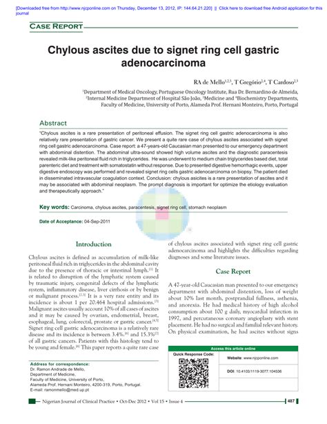 Pdf Chylous Ascites Due To Signet Ring Cell Gastric Adenocarcinoma