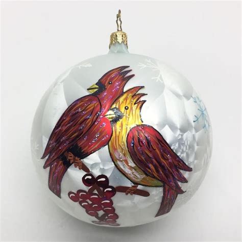 Radko Round Cardinal Bird Couple Snowflakes Glass Christmas Ornament