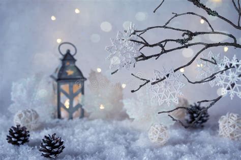 Frosty Winter Wonderland With Snowfall And Magic Lights Stock Image