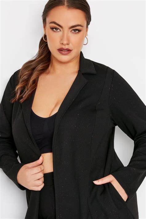Yours Curve Plus Size Black And Pink Glitter Longline Blazer Yours Clothing