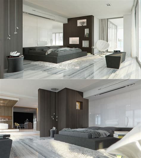 Blush, grey and white bedroom with faux sheepskin, rattan rocker chair, gold accents and upholstered bed from loaf. Sleek Bedrooms with Cool, Clean Lines