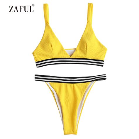 Zaful Bikini Low Cut Swimwear Women Ribbed Texture Swimsuit Thong Bikini Set Sexy Plunging V