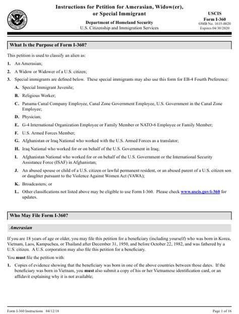 Instructions For Uscis Form I 360 Petition For Amerasian Widower