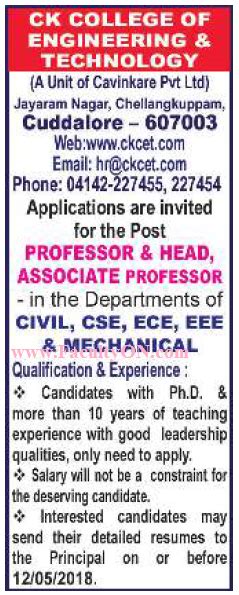 Ck College Of Engineering And Technology Cuddalore Wanted Hod