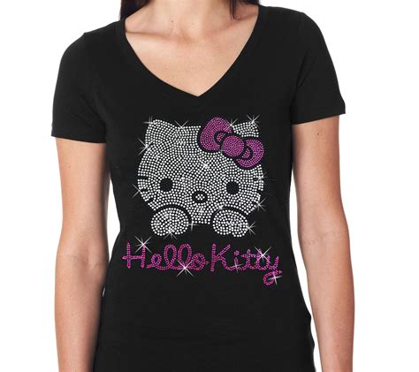 new hello kitty v neck t shirt women shiny sparkly rhinestone peekaboo cute sweet by gocustom