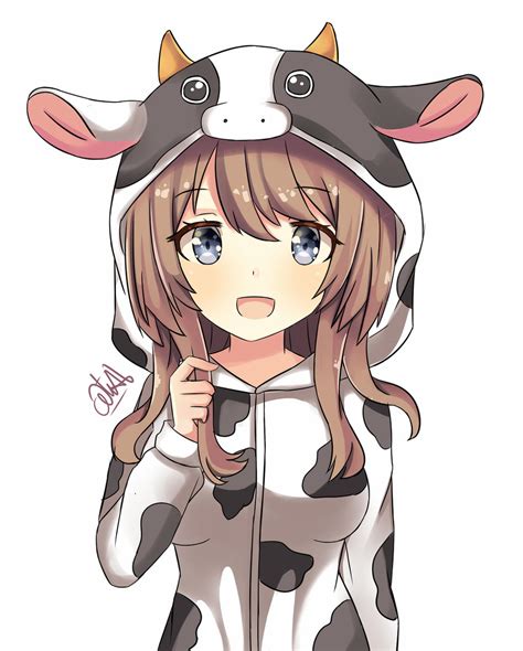 Start by drawing an outline of the head, hair and the top part of the shoulders. Anime girl with cow hoodie by ajiestefan on DeviantArt