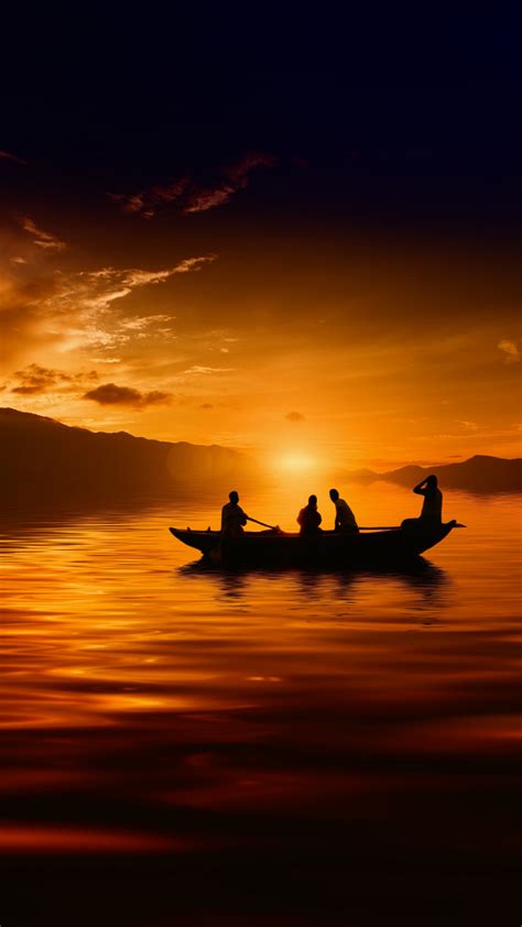 1080x1920 Sunset Boat Lake Mountains Landscape Wallpaper