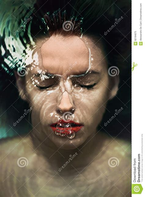 Woman Under Water With Red Lips Fashion Photo Stock Image Image Of