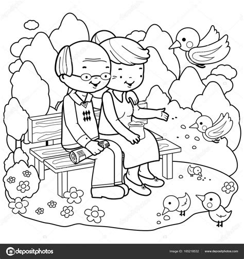 Senior paar in het park. Boek kleurplaat — Stockvector © stockakia
