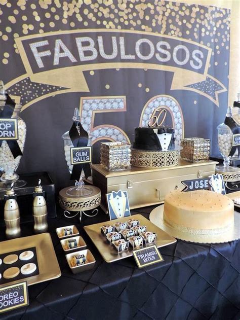 Dessert table from a Fabulous 50 Black & Gold Birthday Party via Kara's