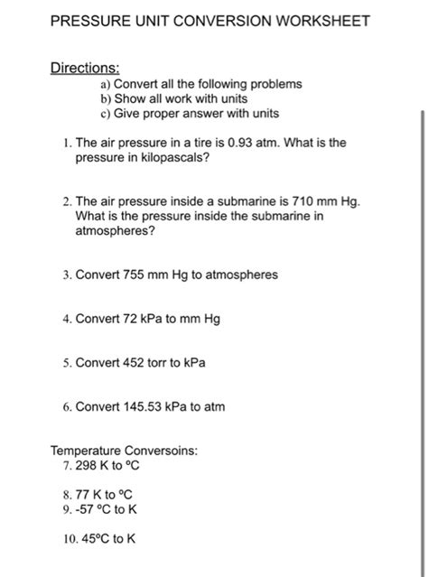 Solved Pressure Unit Conversion Worksheet Directions A