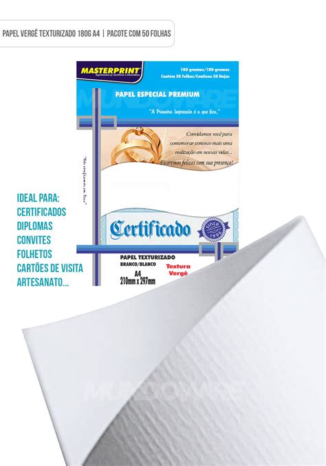 Papel Vergê Texturizado 180g A4 Branco Com 50 Folhas Mundoware