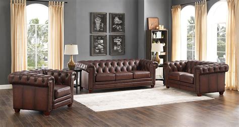 Dark Brown Stanwood Genuine Leather Sofa Set 3pcs Hydeline® Traditional