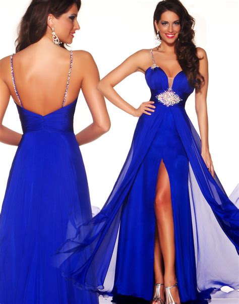 Buy Free Shipping Royal Blue Spaghetti Strap Beading Side Slit Chiffon Sexy