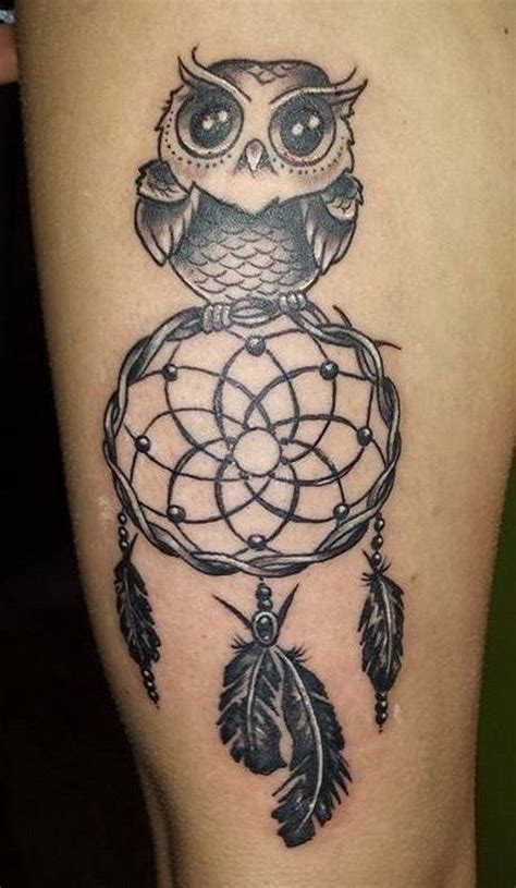 Dreamcatcher Tattoo With Cute Owl Owl Thigh Tattoos Tribal Tattoos